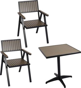 Hhg Hhg - Juego De 2 Sillas De Jard&iacute;n + Mesa De Jard&iacute;n 861, Silla Mesa, Revestimiento Exterior Gastro, Aluminio Aspecto Madera, Negro, Gris