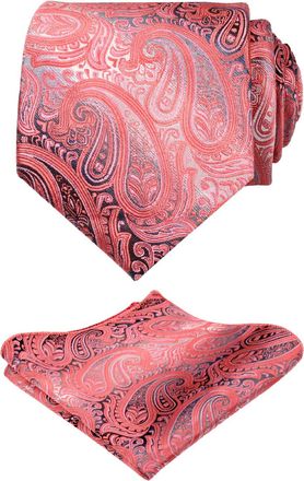 Alizeal Gradient Paisley Floral Tie with Pocket Square Set-Coral
