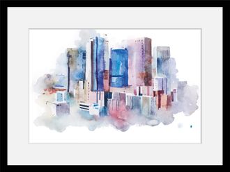 Queence Bild »Stadt in Aquarellfarben« Gebäude Himmel Kunst Stadt Städte HD Premium Poster-Druck inkl. Holzrahmen
