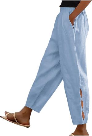 Generic Womens Cotton Linen Pants UK Summer Casual Solid Color Trousers Dressy Trendy Drawstring High Waist Pants Lightweight Comfy Going Out Straight Leg Cap