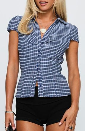 Princess Polly Arianwyn Check Cap Sleeve Button-Up Shirt in Navy Check at Nordstrom, Size 12