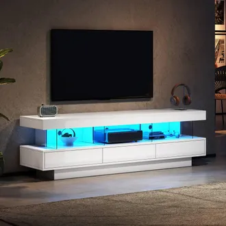 Matteo TV Stand Unit - High Gloss, LED Lights, 160cm - Modern Media Cabinet in White