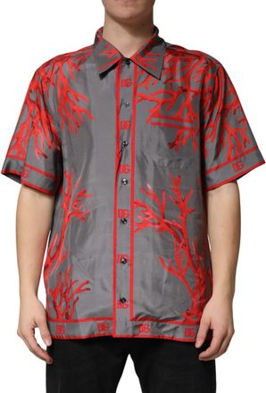 Dolce & Gabbana Mens Gray Red Corals Short Sleeves Casual Shirt Silk
