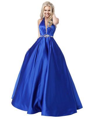 Sherri Hill Deep V-Neck Halter Gown In Royal