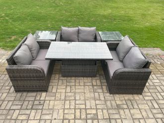Fimous Rattan Garden Outdoor Furniture 3 PC Love Sofa Set Patio Adjustable Rising lifting Dining Table With 2 Side Tables in Dark Grey
