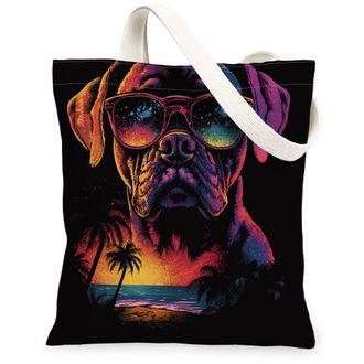 Generic Summer Boxer Dog Canvas Tote Bag for Shopping 13x15, Cool Beach Coastal Puppy Reusable Grocery Print Pattern Bag for Women, Retro Pet Beach Aesthetic 