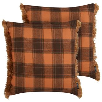 Beliani Beliani - Conjunto De 2 Cojines Decorativos Cuadrados Con Patr&oacute;n De Cuadros En Color Naranja Con Borlas 45 X 45 Cm Barja