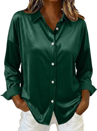 Generic Womens Satin Silk Shirts Long Sleeve Button Up Fashion Vintage Blouses Solid Loose Comfort Soft Going Out Office Work Shirt Womens Fashion Army Green 