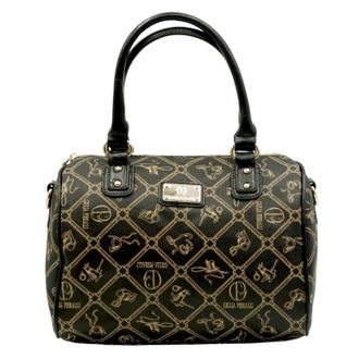 Giulia Pieralli Womens Elegant Classic Shoulder Bag Handbag Logo Pattern Black Gold Vintage Bowling Bag Shoulder Bag Faux Leather Stylish Retro Designer Look