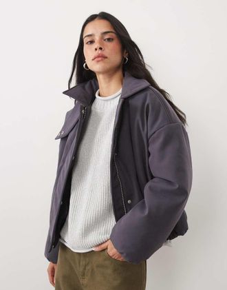 4th & Reckless cappotto corto imbottito effetto camoscio con collo a imbuto grigio