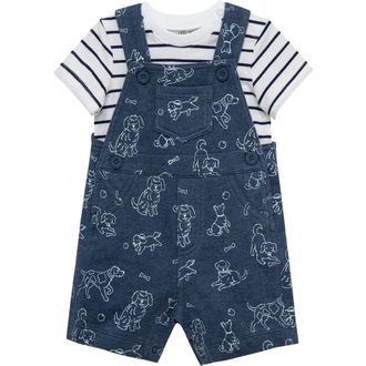 Little Me Puppies Overalls & Stripe T-Shirt Set in Blue at Nordstrom, Size 18M