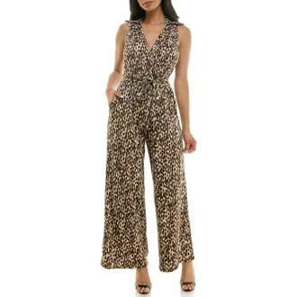 Nina Leonard Sleeveless Faux Wrap Jumpsuit in Tan Multi at Nordstrom Rack, Size X-Large
