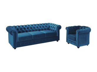 Vente-Unique Sof&aacute; 3 plazas y sill&oacute;n de terciopelo CHESTERFIELD - verde azulado