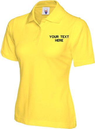 Generic Personalised Embroidered Your Text Ladies Classic Polo Shirt Casual Workwear Partywear Adult Women Gift Top (Yellow, 2XL, xx_l)