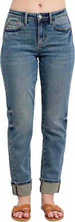 Judy Blue Womens Melody Vintage Wash Panel Cuff Boyfriend Jeans In Blue