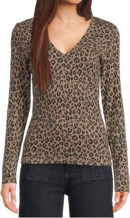 Michael Stars Remi Leopard Print Ultra Rib Long Sleeve V Top In Cobblestone
