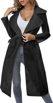 Generic Womens Fashion See Through Trench Coat - Lace Up Summer Spring Solid Sheer Mesh Long Sleeve Button Coat Shirt Outerwear Cardigan Long Jacket Fashion S