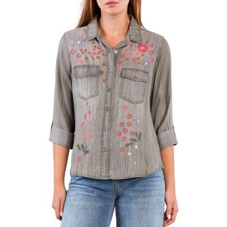 BILLY T Floral Crush Embroidered Denim Shirt in Perfect Grey at Nordstrom, Size X-Small