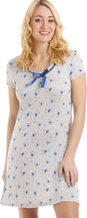 Camille Womens Short Sleeved Nightdress - Ladies Short Length Blue Floral Nightie - Comfortable & Breathable Summer Nightwear with Satin Bow Grey 18-20