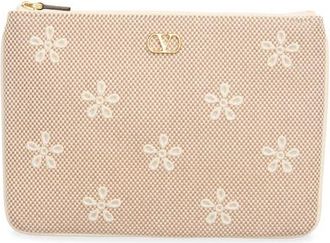 Valentino Garavani VLOGO Signature Medium Floral Embroidered Flat Pouch in Natural at Nordstrom