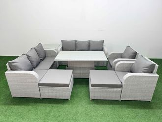 Fimous PE Rattan High Back Lounge Sofa Set Patio Adjustable Lifting Dining or Coffee Table & Chairs Set w/ 3 Seater Sofa Reclining Chair 2 Big