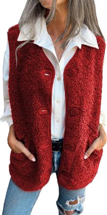 Generic Fuzzy Vest Women Casual Warm Fuzzy Faux Shearling Vest Sleeveless Fleece Jacket Pockets Teddy Coat Gilet for Winter