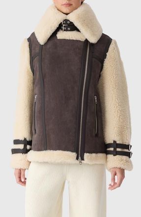 Mackage Rhoslyn Oversize Genuine Shearling Moto Jacket in Coffee-Natural at Nordstrom, Size Large