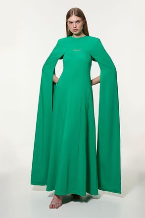 Karen Millen Womens Petite Premium Bonded Crepe Detachable Cape Maxi Dress - Green viscose - Size 10 UK
