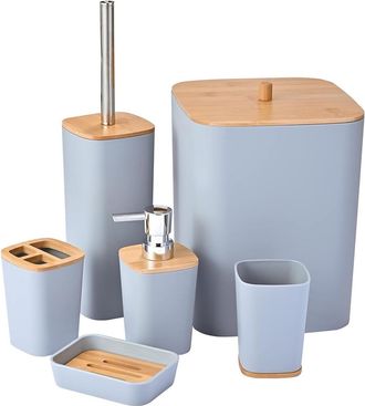 Trade Shop Trade Shop - Conjunto De Ba&ntilde;os Ba&ntilde;o Bambo 6pcs Moderno Banner Black Barbage Sapon Dispensador - Grey