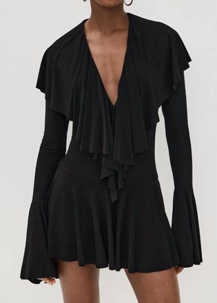 Norma Kamali Long Sleeve Deep V Ruffle Mini Dress In Black