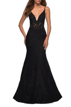 La Femme Mermaid Lace Prom Dress with Sheer Jeweled Bodice in Black at Nordstrom, Size 00