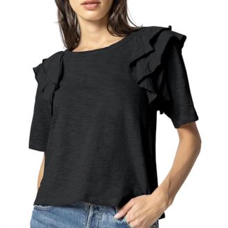 Lilla P Womens Elbow Sleeve Ruffle Crewneck Top In Black