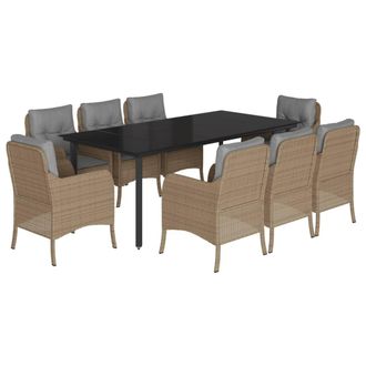 vidaXL Set Comedor De Jard&iacute;n 9 Pzas Con Cojines Rat&aacute;n Sint&eacute;tico Beige Vidaxl