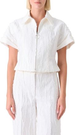 Akris Crop Cotton Fringe Jacquard Zip Jacket in Cream at Nordstrom, Size 12