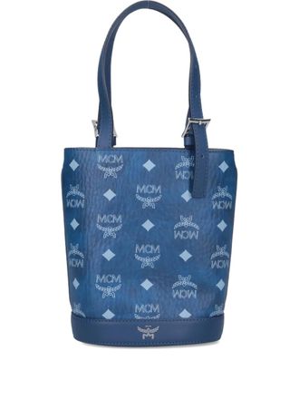MCM mini logo-print tote bag - women - Calf Leather - One Size - Blue