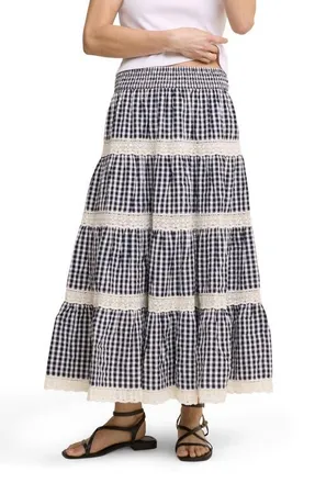 Nobody's Child Leonor Tiered Lace Trim Cotton Skirt in Black at Nordstrom, Size 10