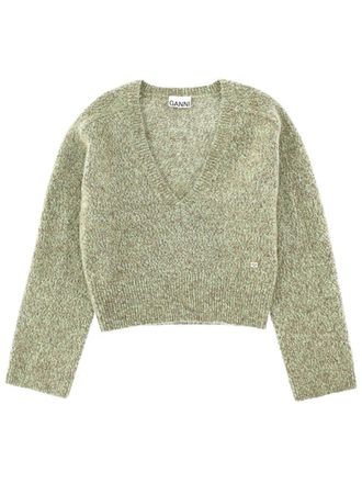 Ganni Wool-Blend V-Neck Sweater - Green