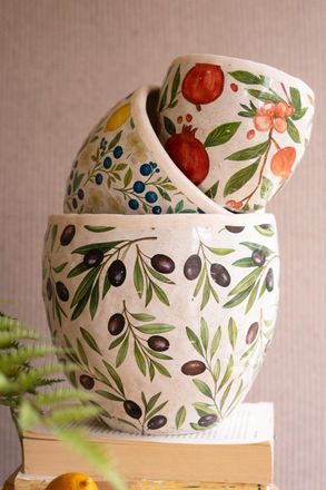 Kalalou Set Of Three Cement Planters - Olives, Lemons And Pomegranates
