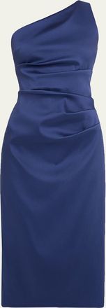 Aidan Mattox One-Shoulder Stretch Mikado Midi Dress
