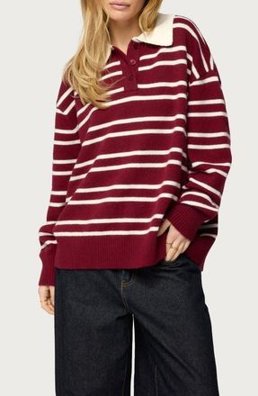 Edikted Rilynn Stripe Sweater Polo in Burgundy-And-White at Nordstrom, Size X-Small