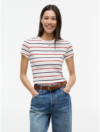 Tommy Hilfiger Womens Tommy Jeans Slim Fit Striped T-Shirt - White - XL