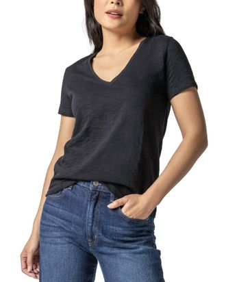Lilla P V-Neck Short Sleeve Back Seam Tee In Black