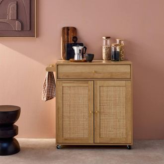 Sweeek Kitchen Sideboard Wood Decor & Cane 1 Handle 1 Drawer 2 Doors in Light Brown