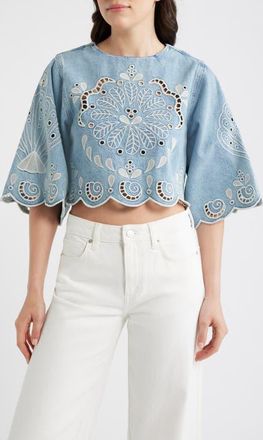 Farm Rio Richelieux Eyelet Detail Crop Denim Top at Nordstrom, Size Large