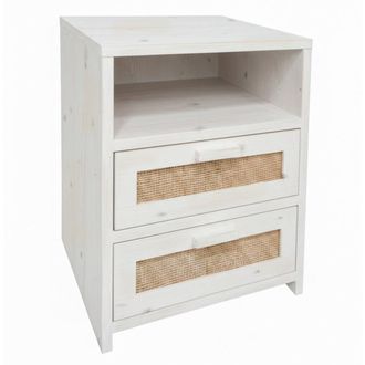 NATYAL Mesita de noche madera rafia natural 2 cajones blanco envejecido 40cm