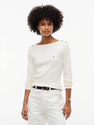 Tommy Hilfiger Womens Gold-Button Boatneck T-Shirt - Rich Cream - XXL