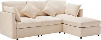 STILVORA Sof&aacute; Esquinero Convertible 3 Plazas En Chenilla Con Puff M&oacute;vil, Asiento Ergon&oacute;mico Y 4 Cojines, Beige