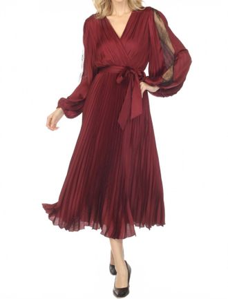Joseph Ribkoff Pleated Satin Belted Midi Dress In Merlot