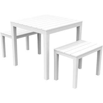 Dmora Set salotto da esterno Alambico, Composizione da giardino con 1 tavolo quadrato e 2 panche, Salottino indoor e outdoor da Pic Nic, 100% Made in