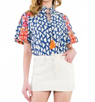 THML Clothing Embroidered Puff Sleeve Blouse In Blue